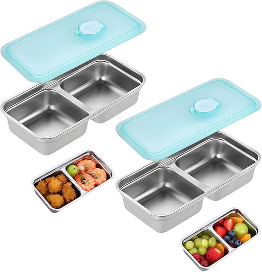 Reusable Stainless Steel Snack Containers with Lids,Double Compartment 2 Condiment Containers,Grab and Go Divided Snack Food Storage for Kids Adults, Sauce Cups for School, Trave (2)