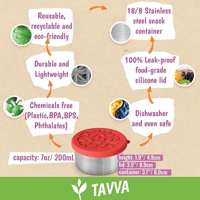 TAVVA 4 X 7 oz Stainless Steel Containers with Lids - Leakproof w/Silicone Lids - BPA Free - Dishwasher & Freezer Safe - Portable & Reusable - Stainless Steel Storage Food Snack Containers