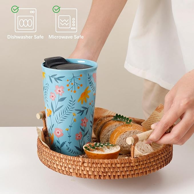 ANTIS'S HOME Ceramic Travel Coffee Mug, Double Wall Blue Floral Tumbler 9.6oz, Microwave & Dishwasher Safe, Splash-Resistant, Reusable Coffee & Tea Cup