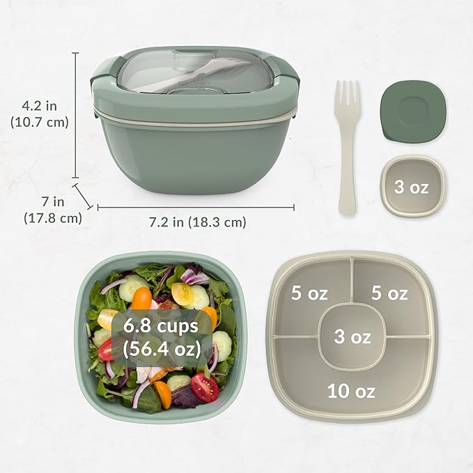 Bentgo Salad Container - 54 oz Bowl with 4-Compartment Toppings Tray, Leak-Proof Dressing Container, Reusable Fork, BPA-Free Lunch Box for Meal Prep & Food Storage; Removable Bento Tray (Khaki Green)