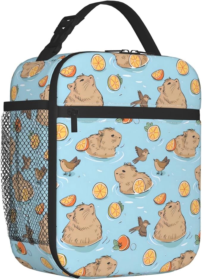 Reusable Cute Capybara Lunch Box for Kids Girls Boys Women Adult, Insulated Animal and Orange Lunch Bag,Polyester Cooler Handbags Case for School Picnic Work Travel Beach or Hiking (Blue)