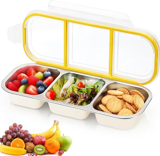 Stainless Steel Snack Container with Lids, Snackle Box Container for Adults, Reusable Metal Bento Box, Leek Proof 3 Compartment Divided Food Storage Containers for Diet Control, Picnic, Work, Travel
