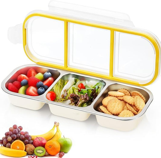 Stainless Steel Snack Container with Lids, Snackle Box Container for Adults, Reusable Metal Bento Box, Leek Proof 3 Compartment Divided Food Storage Containers for Diet Control, Picnic, Work, Travel