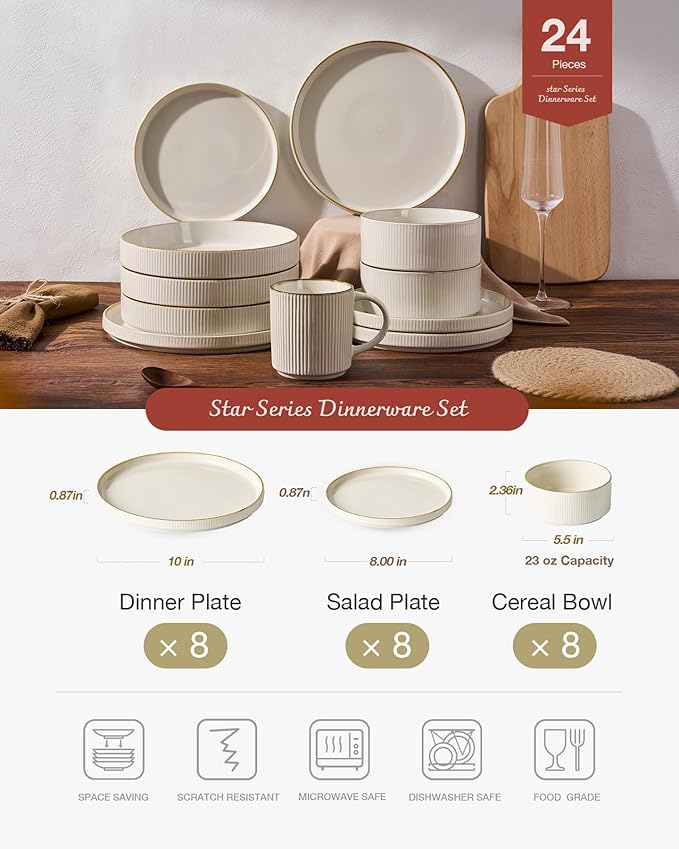 Famiware Star Dinnerware Set, Plates and Bowls Sets for 8 (24pcs), Ribbed Stoneware Dishes - Chip & Scratch Resistant, Microwave & Dishwasher Safe Tableware, White