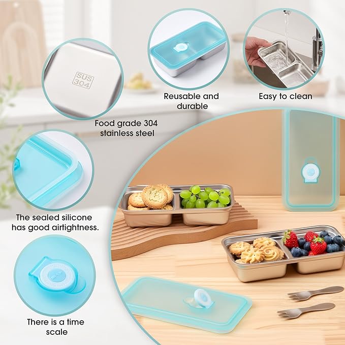 Stainless Steel Snack Containers,Reusable 2 Compartment Stainless Snack Containers with Lids,Stainless Steel Food Storage Containers,Metal Snack Lunch Meal Prep Containers,Bento Box 2 Pack