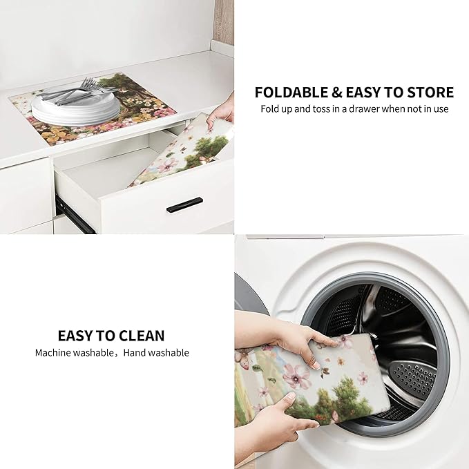 Retro Country Woods Deer Dish Drying Mat 16x18 Inch, Microfiber Absorbent Fast Dry Mat Flowers Butterfly Large Dish Mat Drying Kitchen Mat, Kitchen Drying Pad for Kitchen Counter Coffee Bar Decor