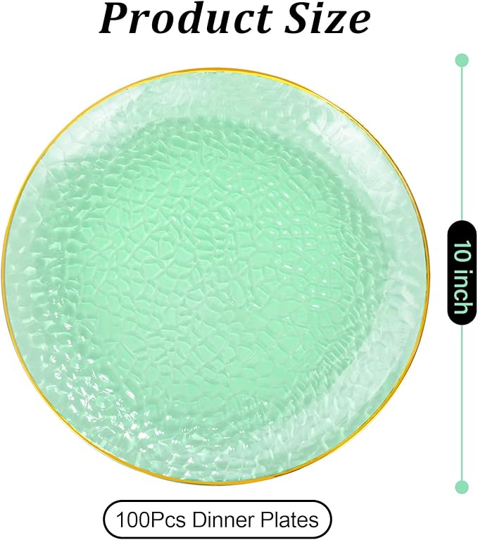 Rubtlamp 100 Pcs Green And Gold Plastic Plates - 10 inch Clear Green Gold Dinner Plates - Hammer Pattern Design - Fancy Disposable Platos - Heavy-Duty Party Platos Ideal for Wedding