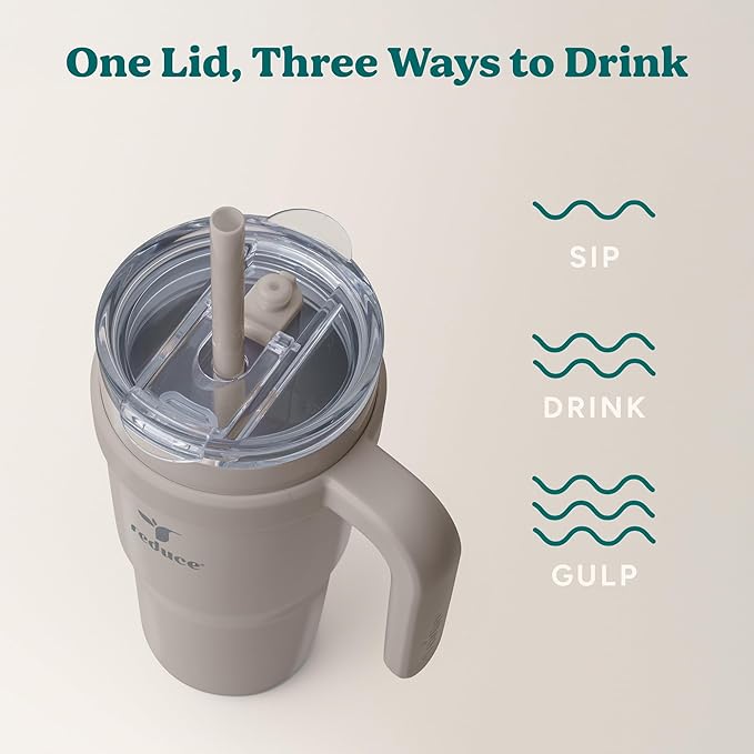 REDUCE 24 oz Stainless Steel Tumbler with Handle - Dual-Wall Vacuum Insulated Travel Mug, Sweat-Proof Lid & Reusable Straw - Keeps Drinks Cold for 24 Hrs, Fits Cupholders, Dishwasher Safe - Sand