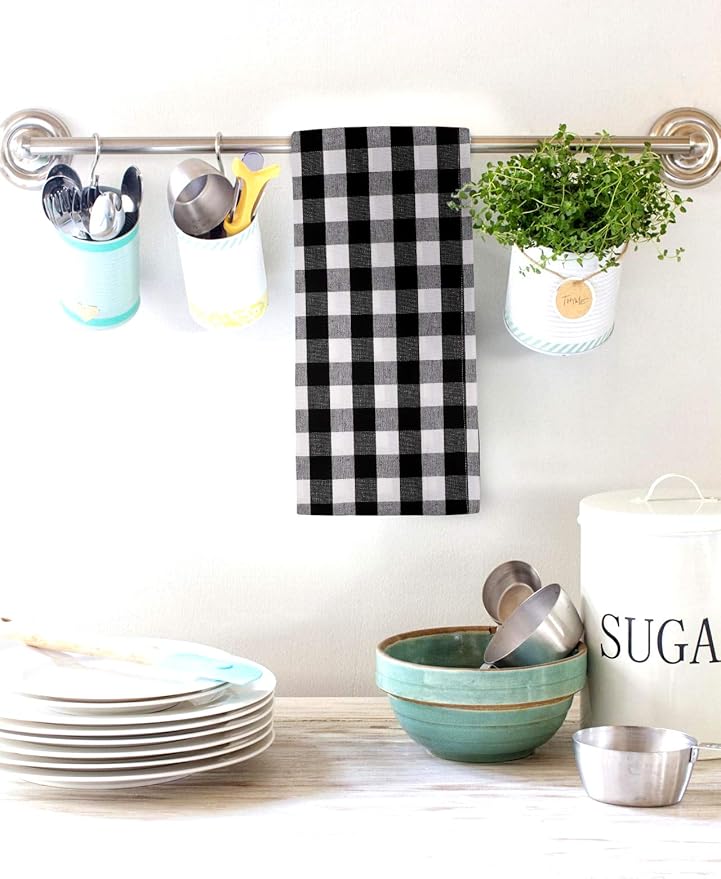 Urban Villa Kitchen Towels Set of 6 Buffalo Checks Black/White Kitchen Towels 20X30 Inches 100% Cotton Highly Absorbent Kitchen Towels Premium Quality Ultra Soft Mitered Corners KitchenTowels
