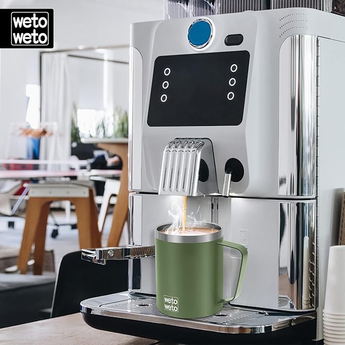 WETOWETO Coffee Mug with Handle, 14oz Insulated Stainless Steel Reusable Coffee Cup, Double Wall Coffee Travel Mug, Powder Coated Olive Green