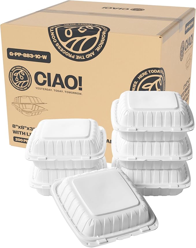 CIAO! 8"x8"X3" MFPP White Hinged Container With Lid 1 Compartment (Case of 200)