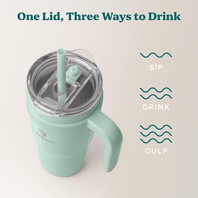 REDUCE 24 oz Stainless Steel Tumbler with Handle - Dual-Wall Vacuum Insulated Travel Mug, Sweat-Proof Lid & Reusable Straw - Keeps Drinks Cold for 24 Hrs, Fits Cupholders, Dishwasher Safe - Sea Glass