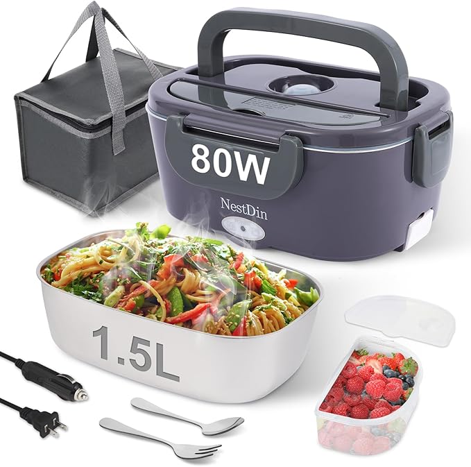 80W Electric Lunch Box for Adults, Portable Heated Lunch Box for Men, 1.5L Food Warmer Lunchbox for Car/Truck/Office, 12V/24V/110V Leak-Proof, Dishwasher-Safe with Insulated Bag(Purple Grey)