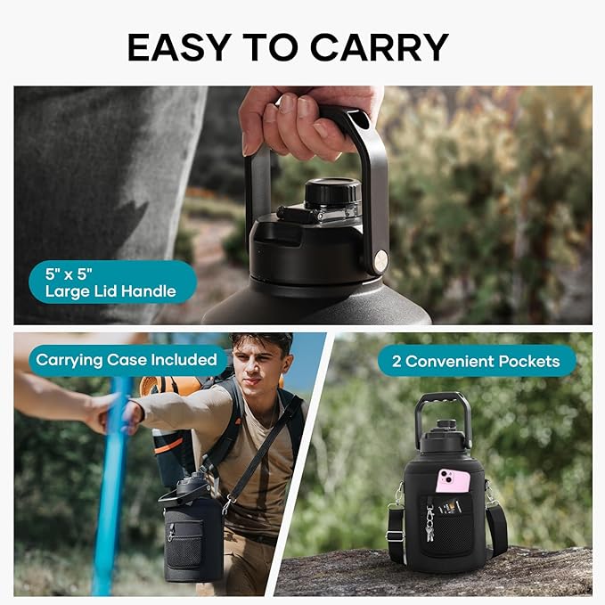 BUZIO One Gallon Water Bottle Insulated, (Cold for 48 Hrs) 128oz Water Jug Large Stainless Steel, 3.58in Big Wide Mouth Leak Proof Metal Flask with Carrying Sleeve for Camping,Gym, Travel, Black Gray