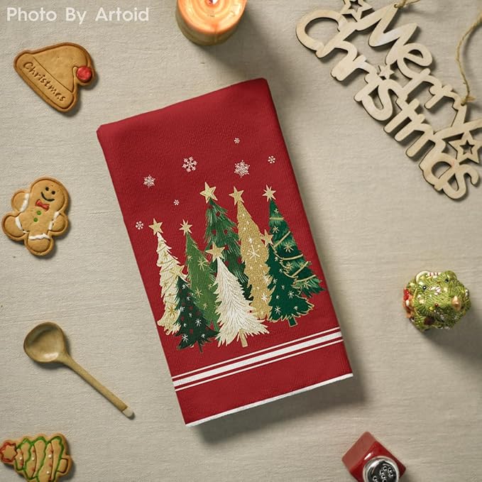Artoid Mode Red Xmas Tree Merry Christmas Kitchen Towels Dish Towels, 18x26 Inch Farmhouse Star Snowflakes Decoration Cleaning Set of 2