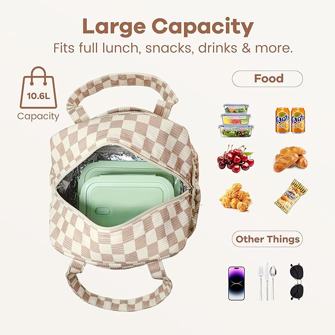 Yarnic Lunch Bag Women Men Insulated, Large Corduroy Lunch Box for Work with Bottle Pockets, Stylish Reusable Cooler Tote for Adults Teachers Picnic Hiking (Checkered Brown)