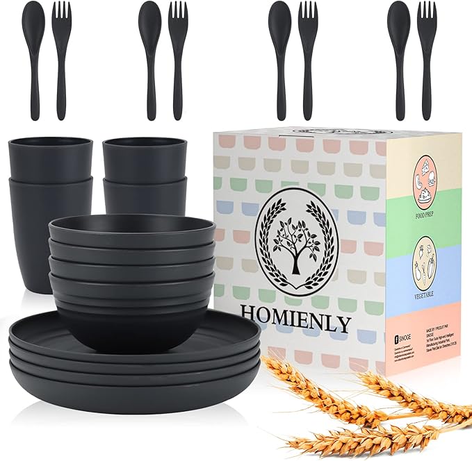 Wheat Straw Dinnerware Sets, Homienly 20pcs Unbreakable Microwave Dishwasher Safe Tableware Lightweight Bowls, Cups, Plates Set Reusable Dinner Plates Bowls set (Dark Grey)
