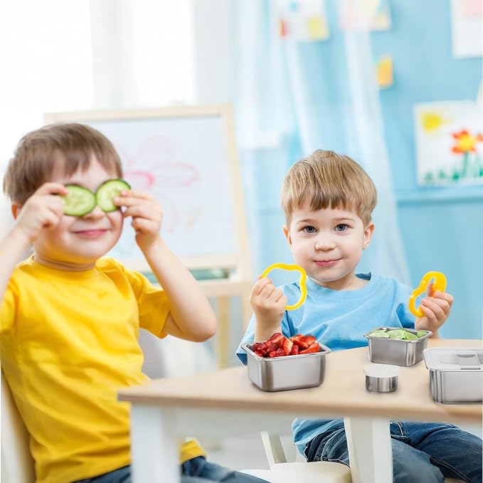 Stainless Steel Snack Box Containers for Kids, 3 Pack 12.8 oz Leak-Proof Microwave-safe Small Food Storage Container with Lid, Metal Compact Bento Lunch Box Container for School Travel