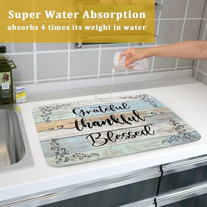 Rustic Wood Dish Drying Mat 18x24 Inch Grateful Thankful Blessed Kitchen Drainer Mats Absorbent Microfiber Rack Holder Countertop Pad