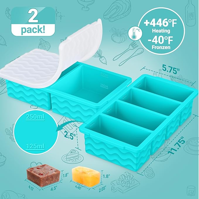 Silicone Freezer Molds for Soup with Lid, 1-Cup & 2-Cup Large Ice Cube Trays Food Storage Containers for Meal Prep, Freeze 250mL/125mL Portions – 2 Pack (1-Cup Green&2-Cup Blue)