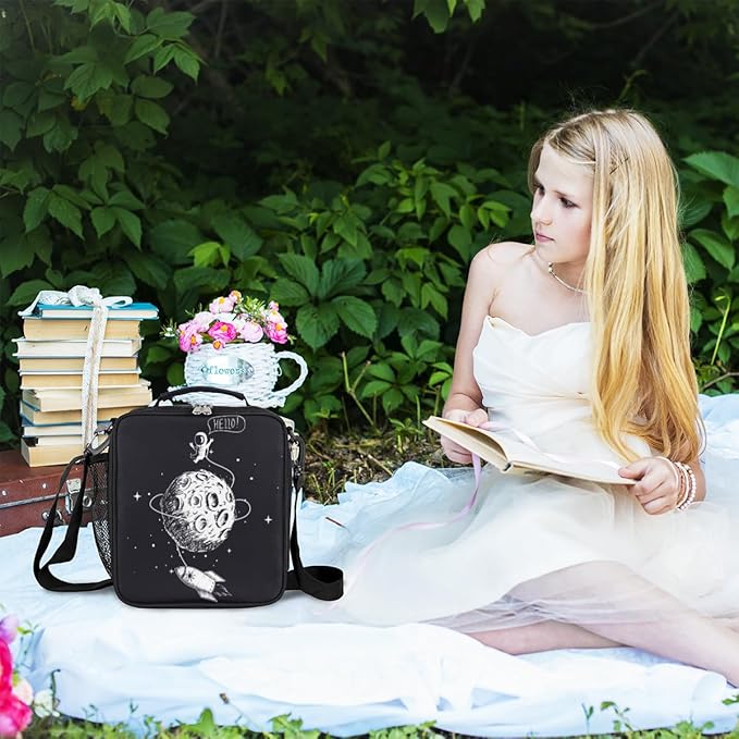 Universe Lunch Box for Kids, Space Moon Astronaut Lunch Bag for Boys Girls, Reusable Insulated Waterproof Lunch Box with Adjustable Shoulder Strap Thermal Cooler Tote Bag for School Daycare Picnic