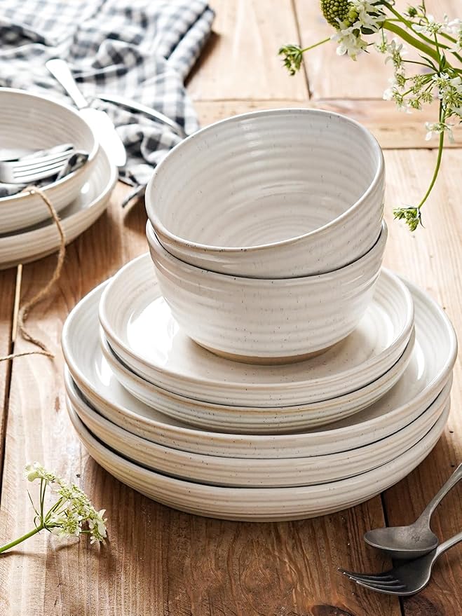 LE TAUCI Dinnerware Sets 12 PCS, Ceramic Plates and Bowls Set, For Housewarming (28 oz Cereal Bowl+ 8" Salad Dish+10" Dinner Plate) x 4, Oven safe, Arctic White