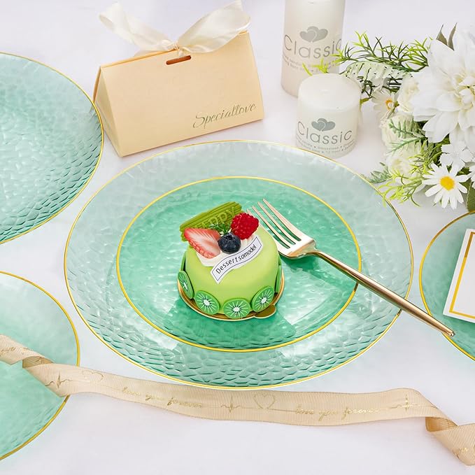 Rubtlamp 60 Pieces Green Gold Plastic Plates - 10 inch Green Plastic Dinner Plates - Hammer Pattern Design - Fancy Disposable Plates Ideal for Wedding & Party