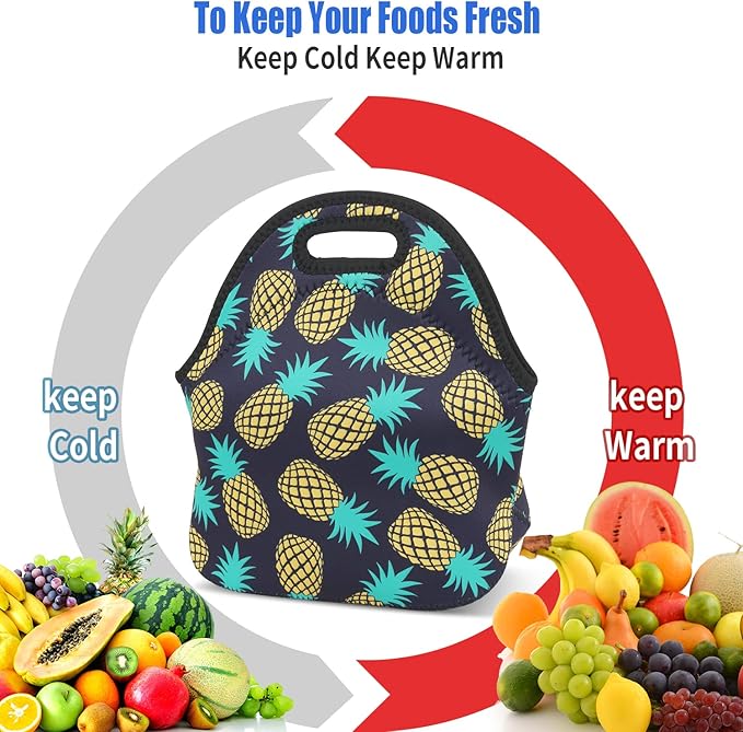 Violet Mist Womens Reusable Neoprene Lunch Bag Cute Insulated Lunch Box Pineapple Fruits Print Thermal lunch bags Bag Waterproof Food Handbags Meal Prep Lunchbags Travel Work Gift for Women Men Adult