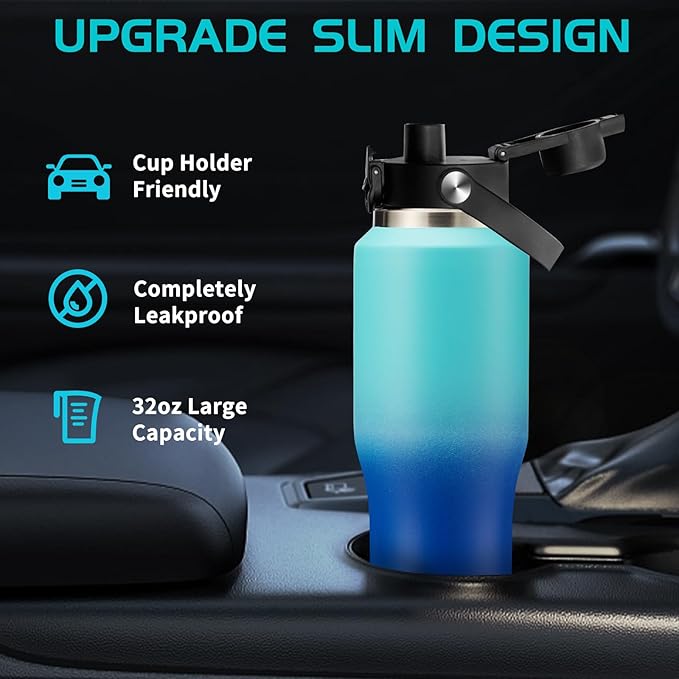 32 OZ Stainless-steel Insulated Water Bottles - Cold 48H & Hot 24H, Leak-Proof Metal Water Flask with Sleeve, Protective Boot, BPA Free Vacuum Insulated 32 Oz Water Bottle Fits In Cup Holder