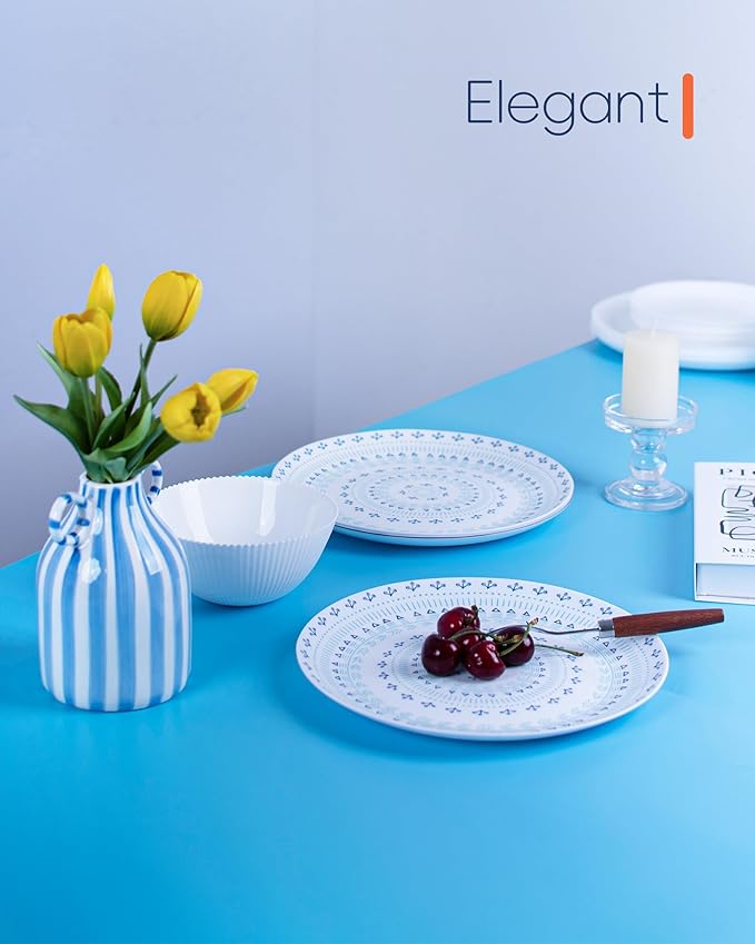 10.5 inch Dinner Plate Set of 6, Lightweight Round Opal Glass Dinnerware Plates, Dishwasher and Microwave Safe, Navy Geometric Floral Mandala Pattern