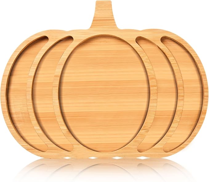AWIZOM Pumpkin Wooden Serving Platter Thanksgiving Bamboo Serving Tray Wooden Snack Cheese Charcuterie Board Sectional Wood Halloween Dish Plate for Fall Autumn Harvest Party Supply,14.96x11.58x0.79