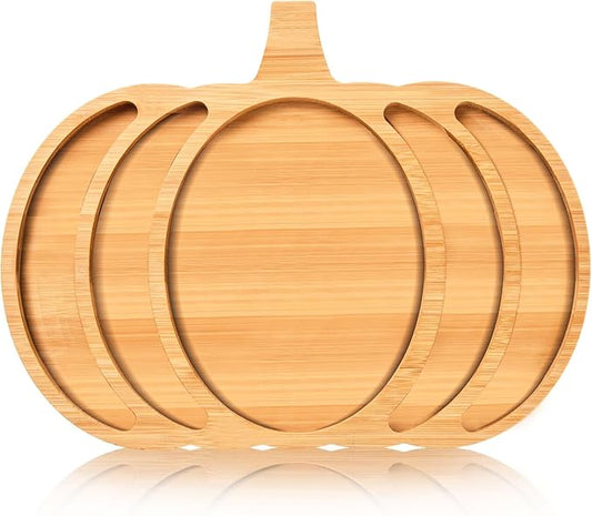AWIZOM Pumpkin Wooden Serving Platter Thanksgiving Bamboo Serving Tray Wooden Snack Cheese Charcuterie Board Sectional Wood Halloween Dish Plate for Fall Autumn Harvest Party Supply,14.96x11.58x0.79