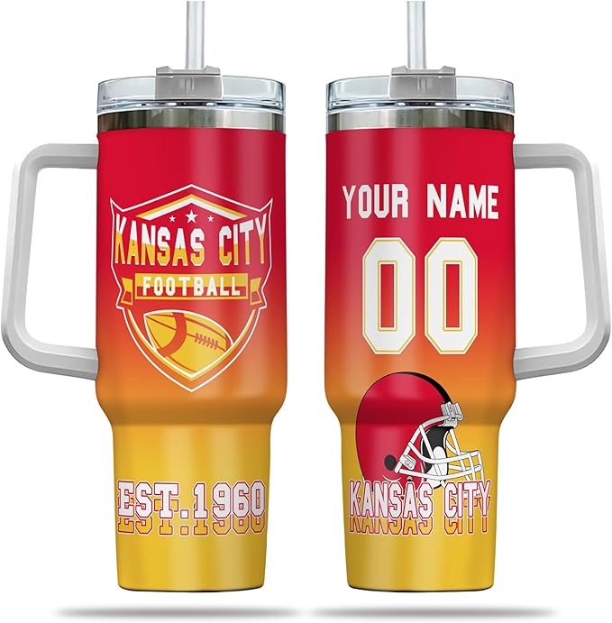Personalized Football Insulated Travel Cup with Handle & Straw, 40oz Stainless Steel Tumbler, Custom Name & Number Mug, Tailgating Gift for Fans (Kansas City)