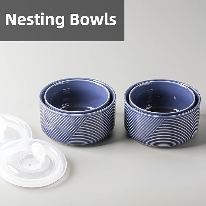 Ceramic Nesting Bowls with Lid: Microwave Safe Food Storage Containers for Work Lunch Picnic Camping Meal Prep Soup Salad Cereal Leftovers - 5 & 6 Inch, 20 & 32 oz, Set of 4, Navy