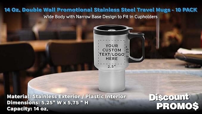 Personalized 14oz Travel Mugs Stainless Steel - 10 Pack - Custom Text, Logo - Stainless Steel