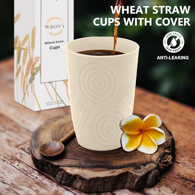 Wrova Wheat Straw Cups with Silicone Covers 16oz Set of 6 - Alternative Plastic Cups Microwave & Dishwasher Safe - Plastic Drinking Cups Unbreakable for Kids - Beige