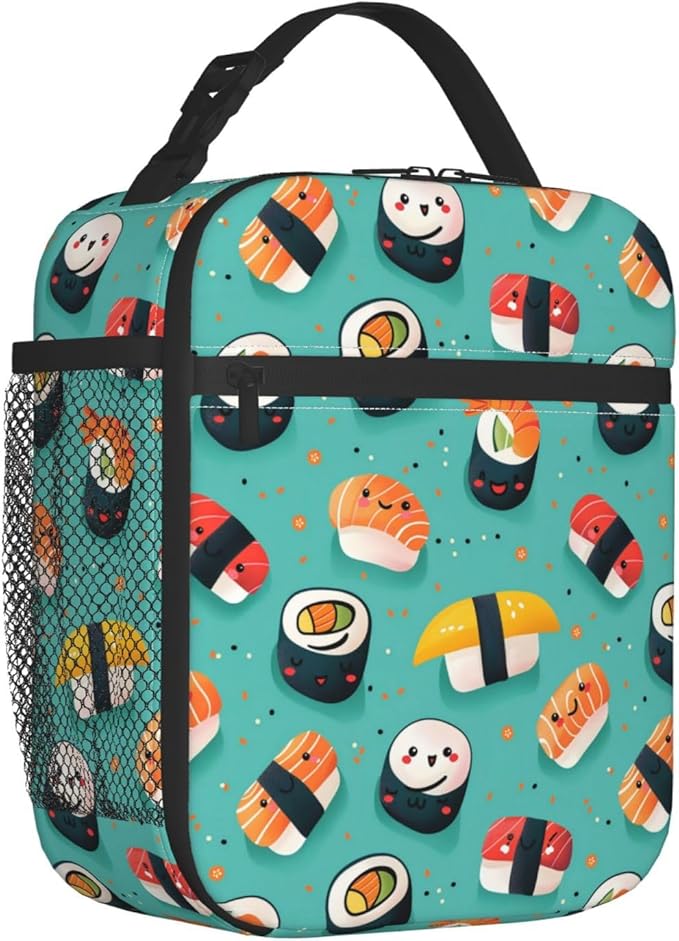 Reusable Cute Sushi Lunch Box for Kids Girls Boys Women Adult, Insulated Kawaii Japanese Food Lunch Bag,Polyester Cooler Handbags Case for School Picnic Work Travel Beach or Hiking