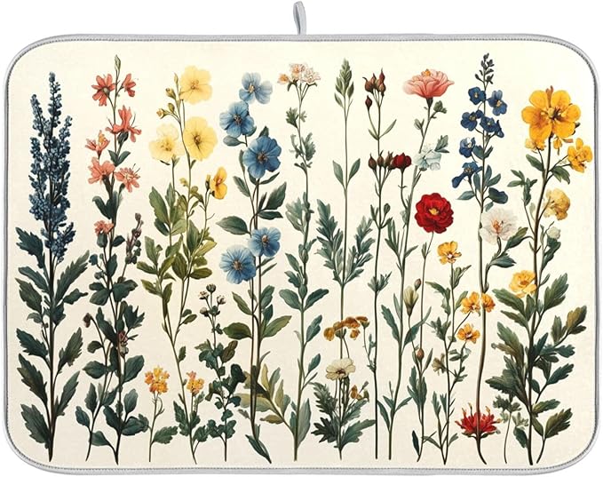 Vintage Plants and Colorful Flowers Dish Drying Mat for Kitchen Counter Super Absorbent Dishes Pad Reversible Microfiber Protector Dish Draining Mats 16x18 inch