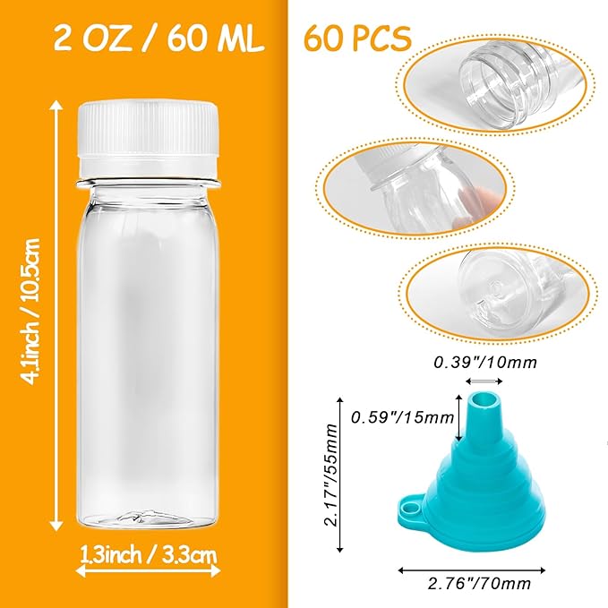 60Pcs 2oz Clear Plastic Bottles for Liquids,Reusable Ginger Shot Bottle with Lids,Small Empty Bottles Beverage Container Leak Proof for Juice,Drinks,Potion,Wellness,DIY,Wedding,Party,Travel(White)