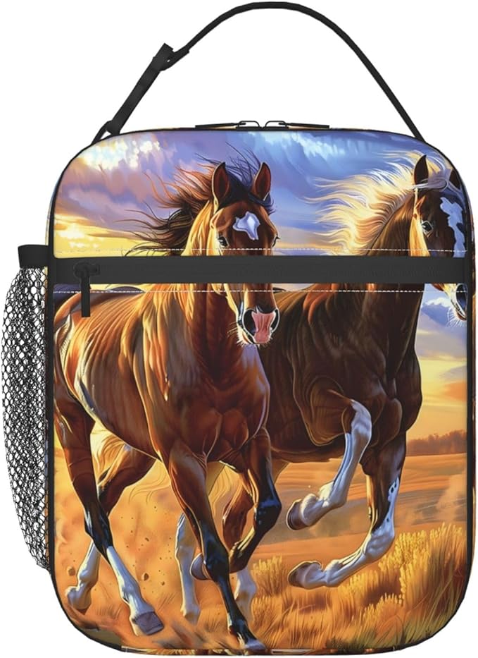 Running Horse Lunch Box for Women Men Boys Kids, Insulated Cooler Beautiful Horse Lunch Bag for School, Picnic, Office, Travel, Work, Portable Reusable Polyester Thermal Tote Lunch Bags