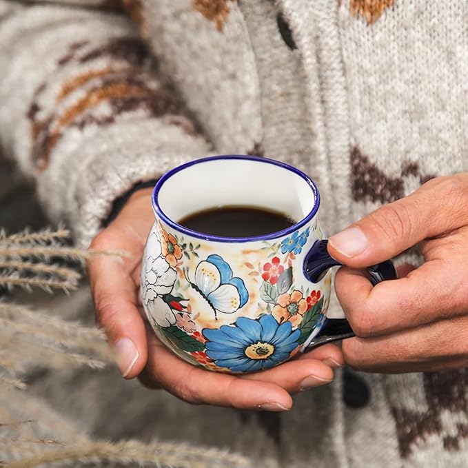 ALMA 2025 Updated Ceramic Coffee Mug 12oz/380ml,Floral Belly Mug for Women,Tea Cup For Mother,Microwave Oven Safe(Wildflower Waltz,Medium)