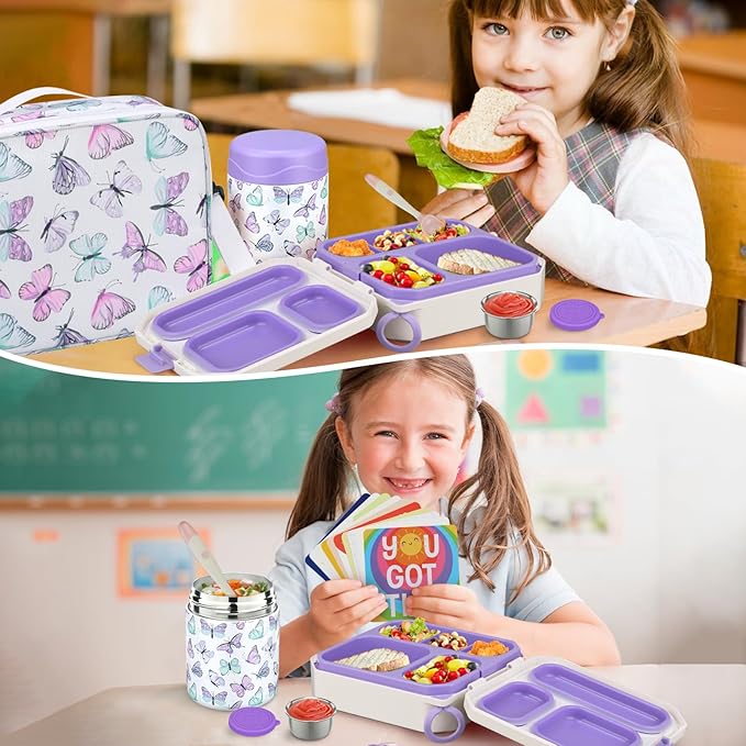 Bento Lunch Box for Kids with 12oz Soup Thermo Leak-Proof Lunch Food Container with 5 Compartment Thermo Hot Food Jar and Insulated Lunch Bag for Kid Toddler Girls Boys to School