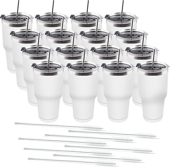 Amtidy 16 Pack 30oz Travel Mug, Powder Coated Stainless Steel Vacuum Double Wall Bulk Tumbler, Durable Insulated Coffe Cup with Splash Proof Lids straw and cleaning brush，for Home, Office, Party
