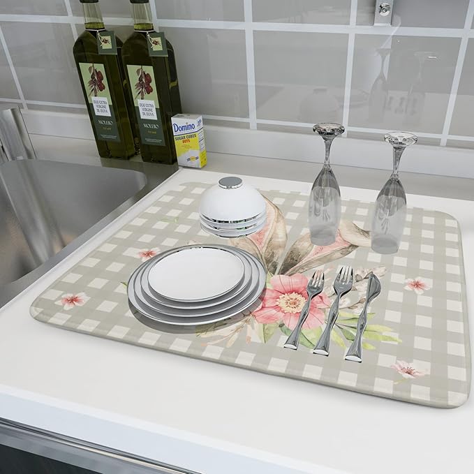 Spring Easter Dish Drying Mats for Kitchen Counter 18×24 Inch Cute Bunny Flowers Large Microfiber Drying Mat Kitchen Accessories Dish Rack Mat Drainer Pad Washable Absorbent