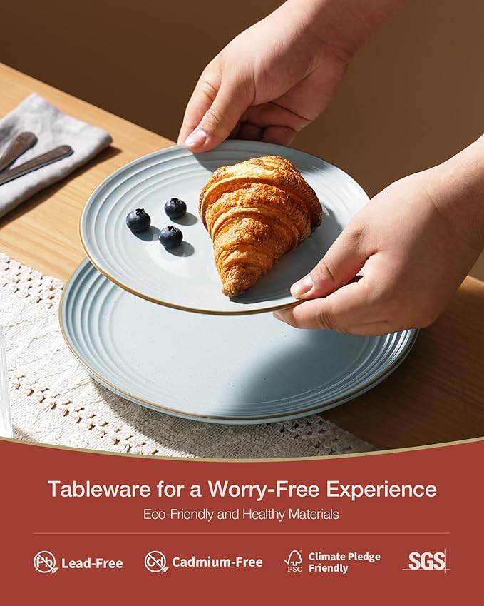 Famiware Jupiter Dinnerware Set, Plates and Bowls Dish Sets for 4 (12 Pieces), Microwave and Dishwasher Safe Stoneware Speckled Tableware, Chip and Scratch Resistant, Light Blue