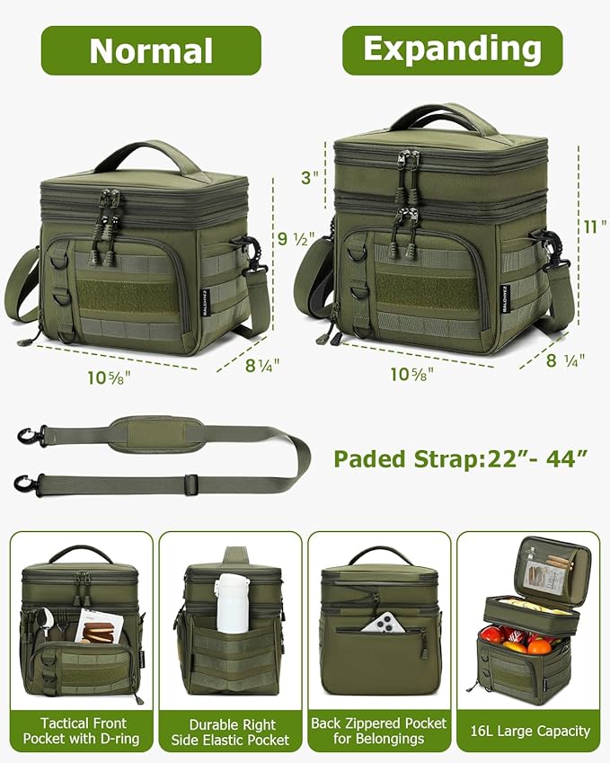 RalChyez Tactical Lunch Box for Men, Large Insulated Lunch Bag Expandable Double Deck Cooler Leakproof Waterproof Lunch Pail for Adult Women Work Office Shifts Picnic Travel Green