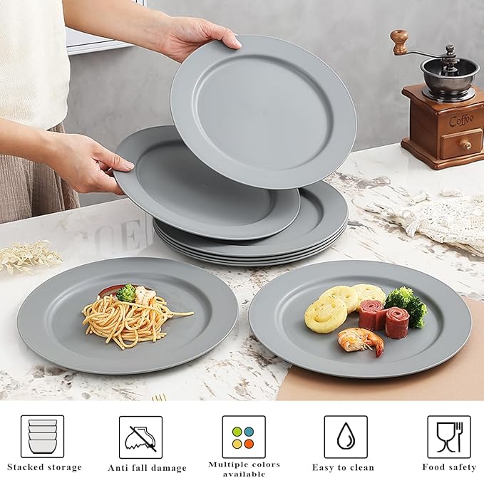 Berglander Plastic Plates Set of 8 Pieces 10", Gray Reusable Flat Dinner Plates, Salad Plates, Pasta Bowls, Dishes Set Easy to Carry for Home, Garden, Picnic, Camping, Outdoor