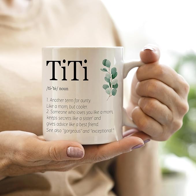 QASHWEY Titi Gifts Coffee Mug, Titi Aunt Auntie Gifts from Nephew Niece, AuntMug, Mothers Day Christmas Mug Tea Cup Gifts for Titi Aunt Auntie, TitiDefinition Coffee Cups Ceramic 11oz
