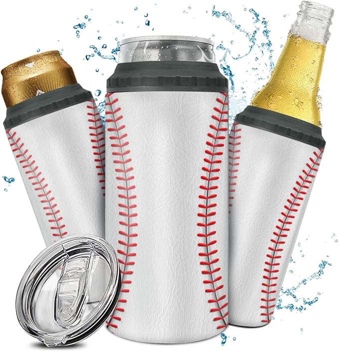 winorax Baseball Tumbler 4-in-1 Can Cooler Baseball Stainless Steel Insulated Tumblers Coffee Travel Mug Cup With Lid Gift Tumblers For Men Women Sports Gifts For Players Fan Coach Lovers
