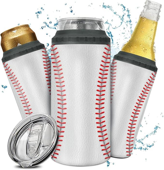 winorax Baseball Tumbler 4-in-1 Can Cooler Baseball Stainless Steel Insulated Tumblers Coffee Travel Mug Cup With Lid Gift Tumblers For Men Women Sports Gifts For Players Fan Coach Lovers